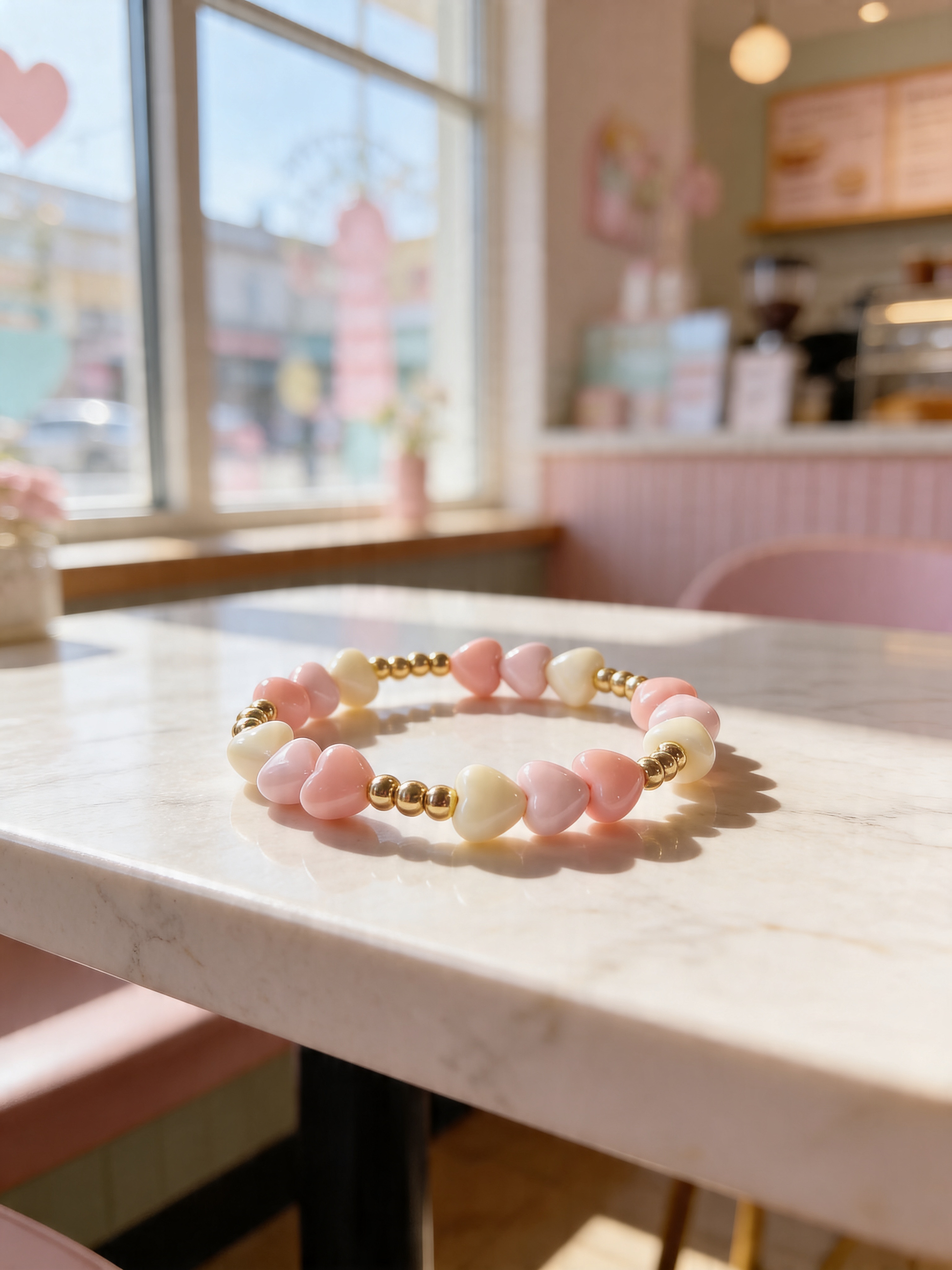 Pink and white beaded bracelet on a marble table with a blurred cafe background