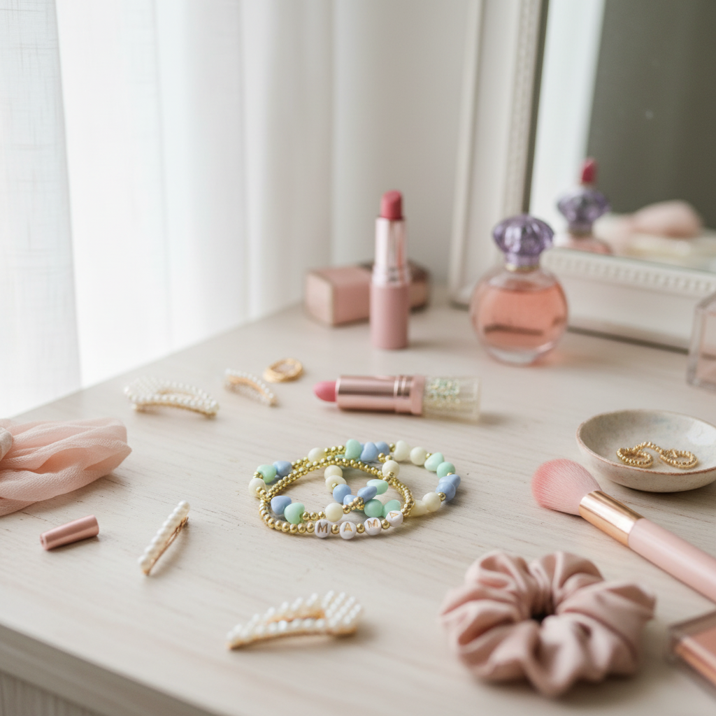 Makeup and accessories on a vanity table with a mirror in the background